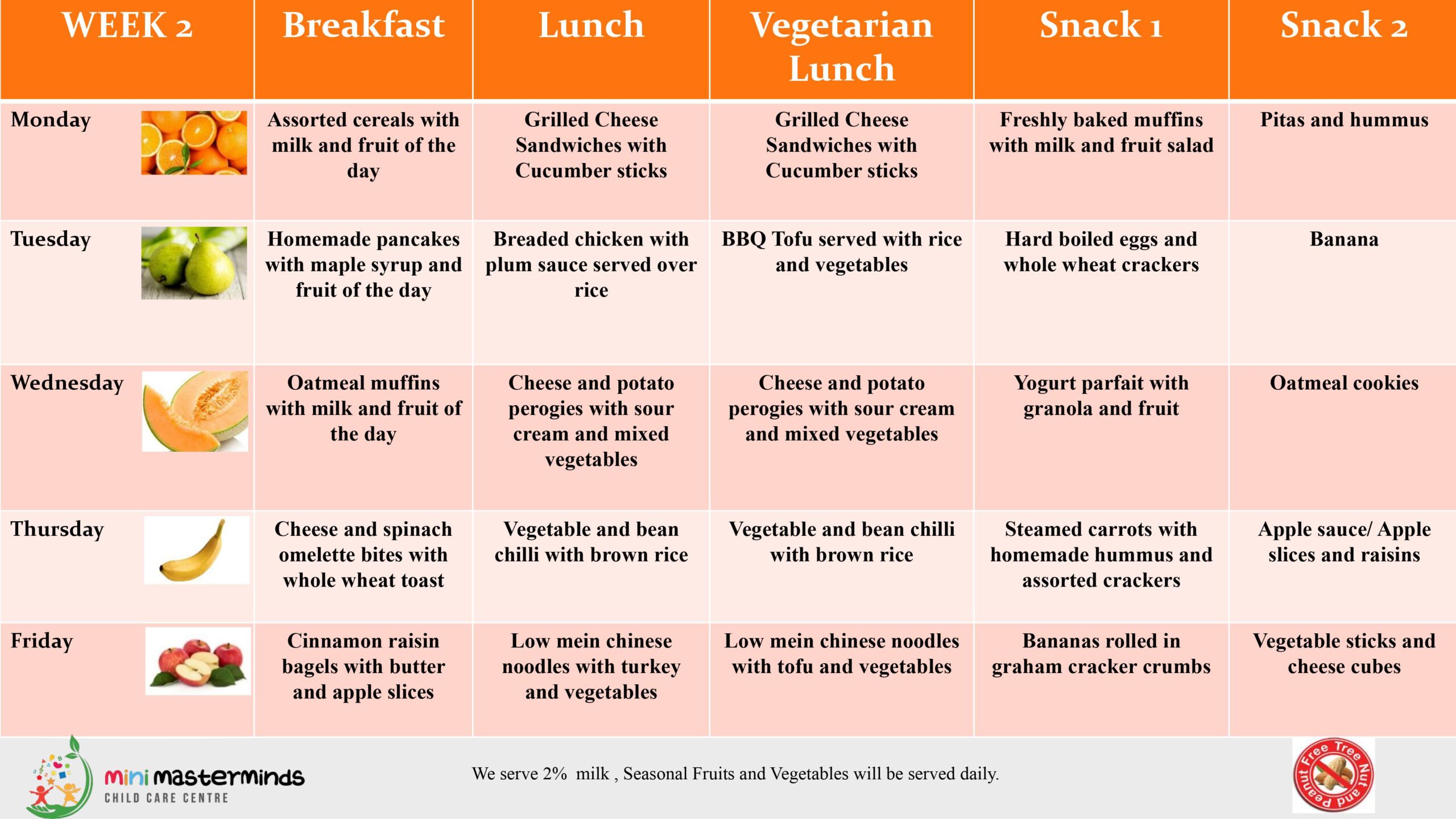 Mini Masterminds Child Care A weekly meal plan chart detailing breakfast, lunch, vegetarian lunch, and two snacks for each weekday. Meals include a variety of fruits, vegetables, grains, and proteins.