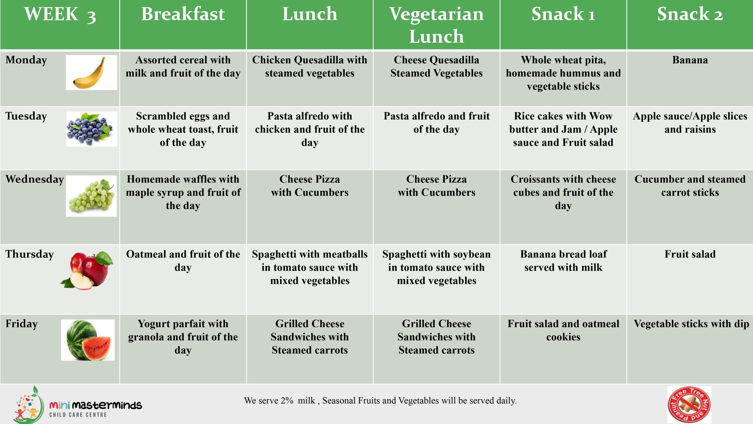 Mini Masterminds Child Care Weekly school meal plan showing breakfast, lunch (including a vegetarian option), and two snacks from Monday to Friday. Meals include a variety of fruits, vegetables, grains, and proteins.