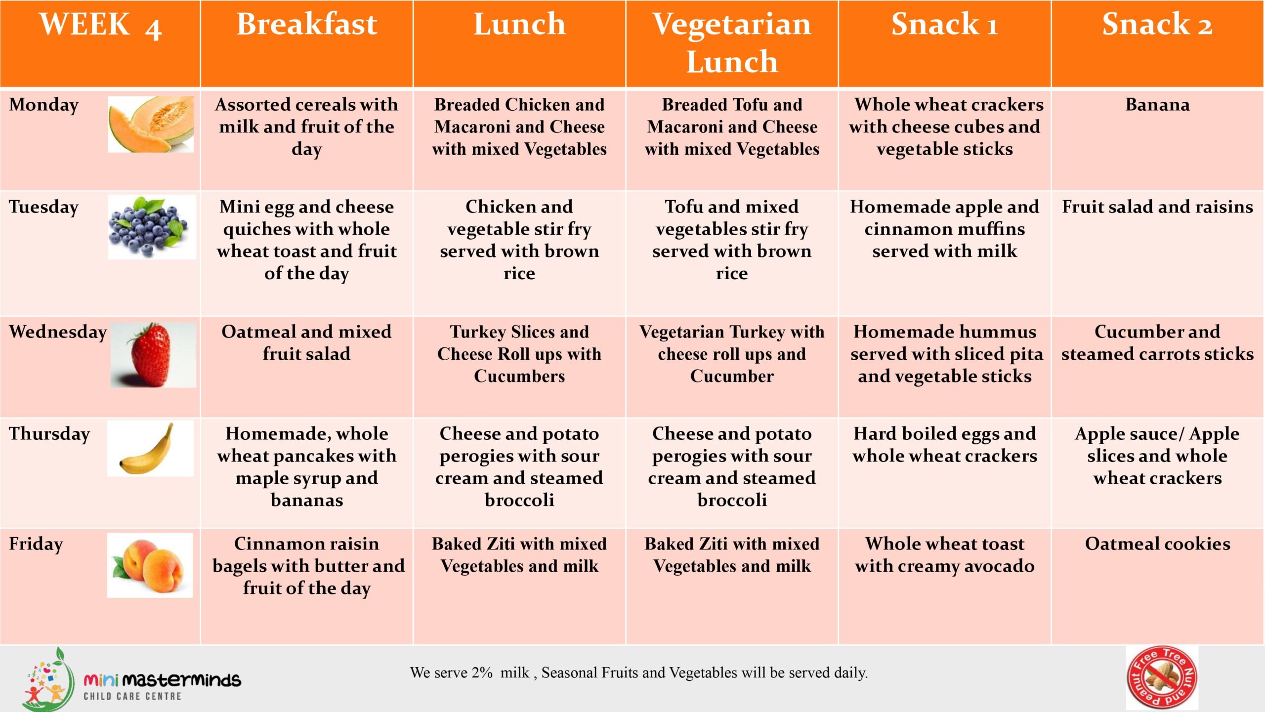 Mini Masterminds Child Care Weekly school meal plan showing breakfast, lunch, vegetarian lunch, and two snack options for each day from Monday to Friday. Meals include a variety of foods like cereal, cheese, chicken, veggies, and fruits.