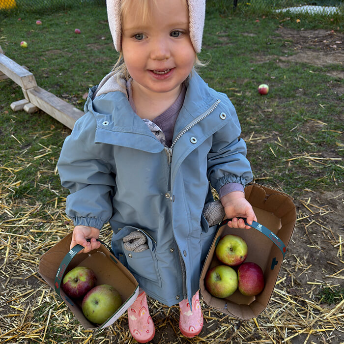 Mini Masterminds Child Care A young child in a blue coat and pink boots holds two small baskets filled with apples while standing outdoors on grass and straw.
